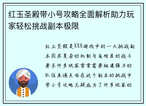 红玉圣殿带小号攻略全面解析助力玩家轻松挑战副本极限